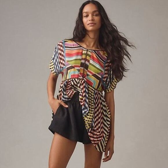 Anthropologie Tops - Anthropologie Conditions Apply Short-Sleeve Kynsa Tunic Top in Black Motif Sz XS